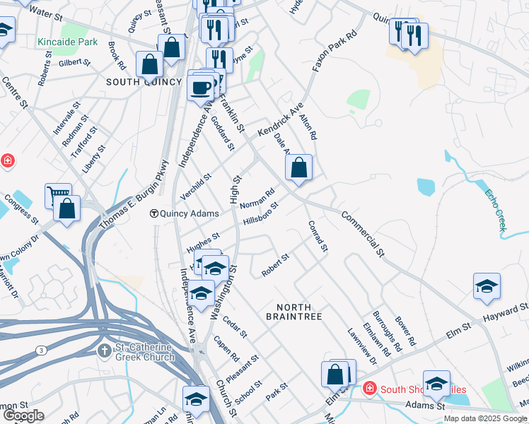 map of restaurants, bars, coffee shops, grocery stores, and more near 56 Hillsboro Street in Quincy
