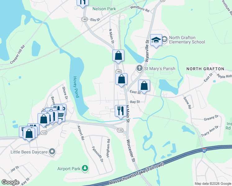 map of restaurants, bars, coffee shops, grocery stores, and more near 12 Perry Street in Grafton