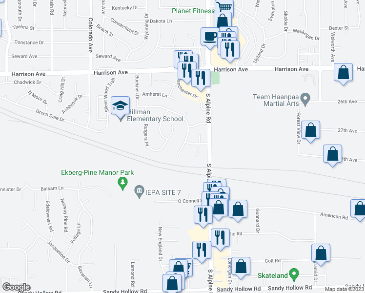 map of restaurants, bars, coffee shops, grocery stores, and more near 4612 Yale Drive in Rockford