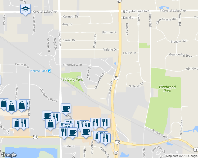 map of restaurants, bars, coffee shops, grocery stores, and more near 332 Greenview Drive in Crystal Lake