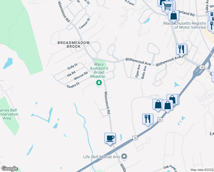 map of restaurants, bars, coffee shops, grocery stores, and more near 417 Massasoit Road in Worcester
