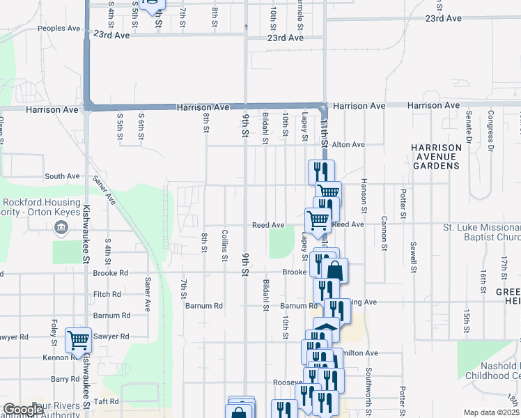 map of restaurants, bars, coffee shops, grocery stores, and more near 2831 Bildahl Street in Rockford