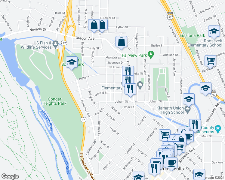 map of restaurants, bars, coffee shops, grocery stores, and more near 1412 Pleasant Avenue in Klamath Falls