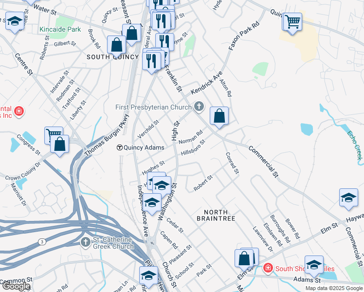 map of restaurants, bars, coffee shops, grocery stores, and more near 56 Hillsboro Street in Quincy