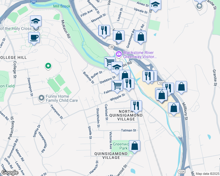 map of restaurants, bars, coffee shops, grocery stores, and more near 29 Falmouth Street in Worcester