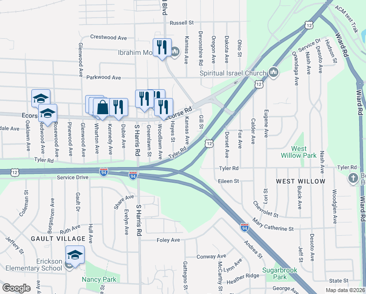 map of restaurants, bars, coffee shops, grocery stores, and more near 658 Kansas Avenue in Ypsilanti