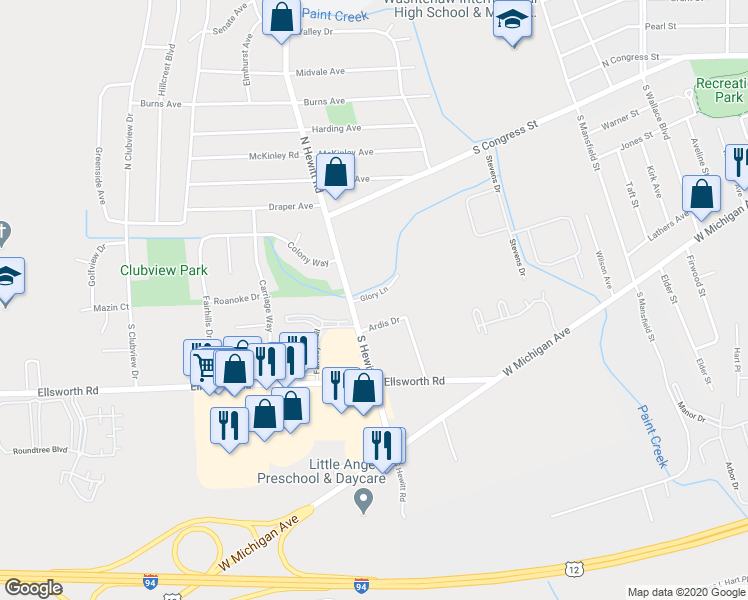 map of restaurants, bars, coffee shops, grocery stores, and more near 2189 Glory Lane in Ypsilanti