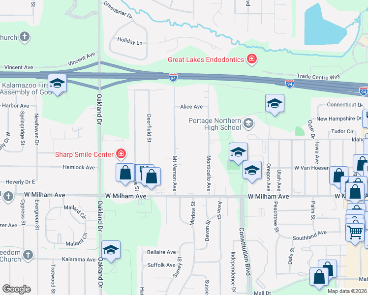 map of restaurants, bars, coffee shops, grocery stores, and more near 5813 Mount Vernon Avenue in Portage