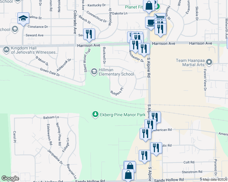 map of restaurants, bars, coffee shops, grocery stores, and more near 3030 Rutgers Place in Rockford