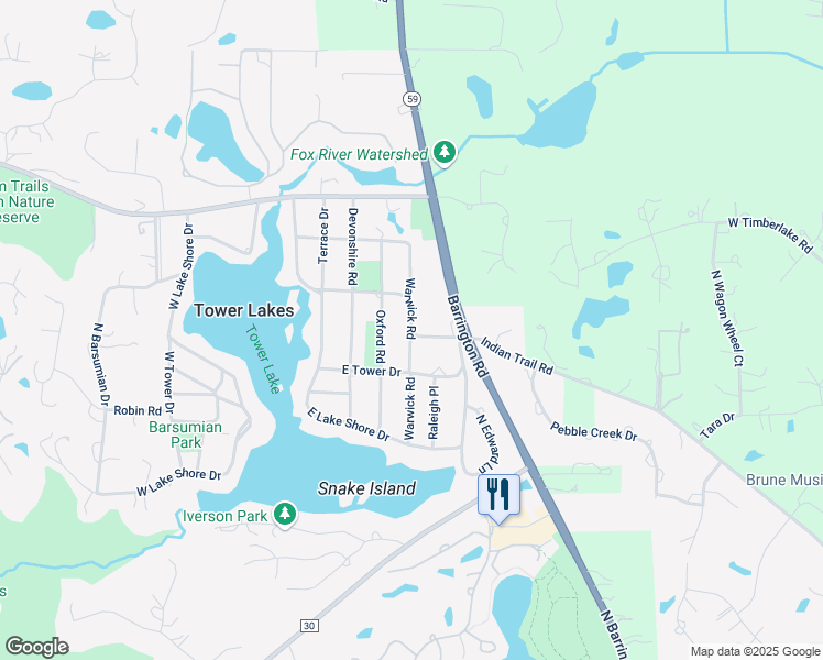 map of restaurants, bars, coffee shops, grocery stores, and more near 295 Warwick Road in Tower Lakes