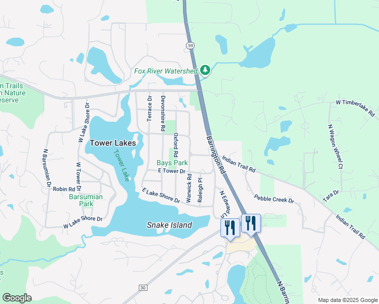 map of restaurants, bars, coffee shops, grocery stores, and more near 295 Warwick Road in Tower Lakes