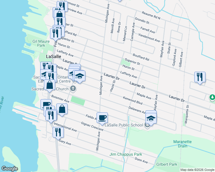 map of restaurants, bars, coffee shops, grocery stores, and more near 405 Hazel Street in LaSalle