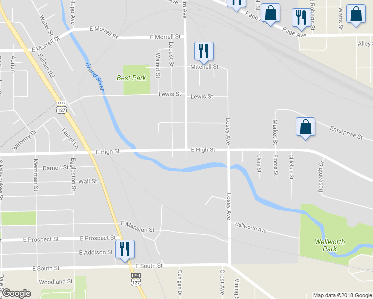 map of restaurants, bars, coffee shops, grocery stores, and more near 1600 East High Street in Jackson