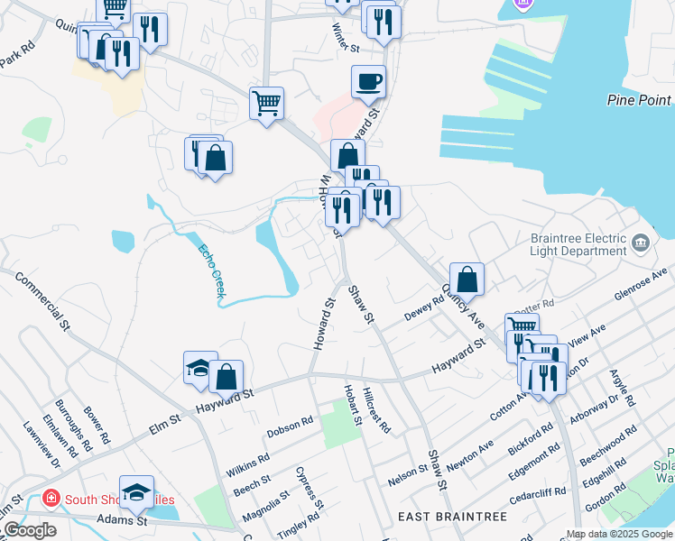map of restaurants, bars, coffee shops, grocery stores, and more near 95 Howard Street in Braintree