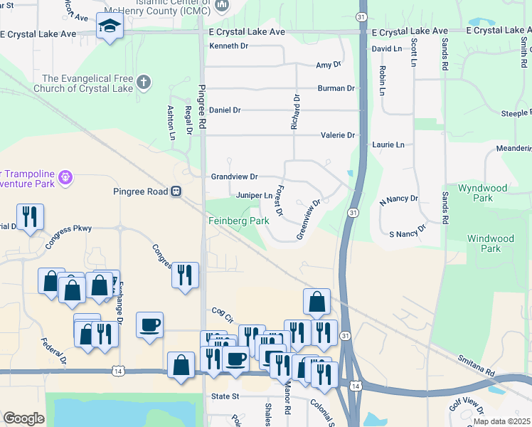 map of restaurants, bars, coffee shops, grocery stores, and more near 734 Juniper Lane in Crystal Lake
