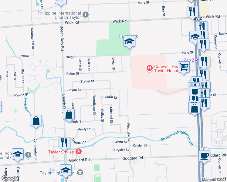 map of restaurants, bars, coffee shops, grocery stores, and more near 25348 Statler Street in Taylor