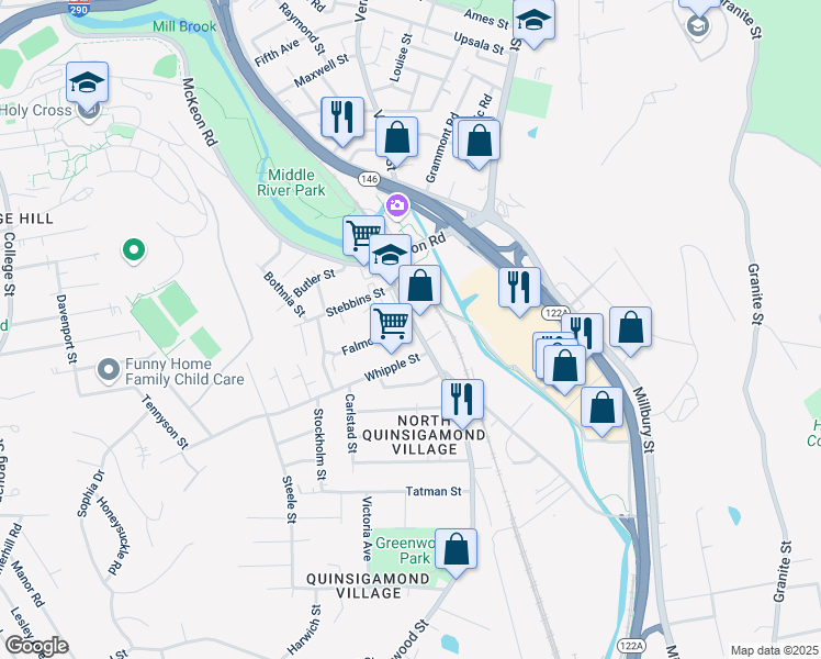 map of restaurants, bars, coffee shops, grocery stores, and more near 20 Blackstone River Road in Worcester