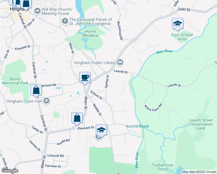 map of restaurants, bars, coffee shops, grocery stores, and more near 5 Spring Lane in Hingham