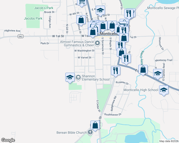 map of restaurants, bars, coffee shops, grocery stores, and more near West Buckeye Street in Monticello