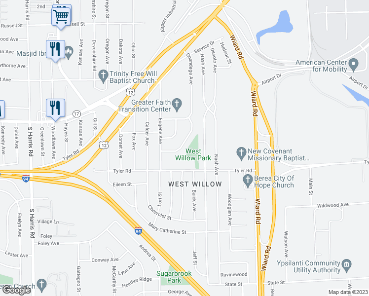 map of restaurants, bars, coffee shops, grocery stores, and more near 719 Oswego Avenue in Ypsilanti