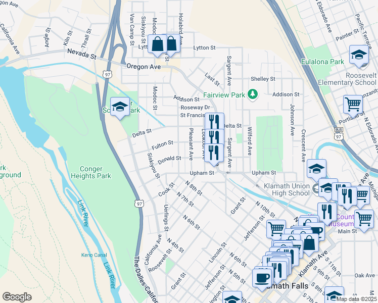 map of restaurants, bars, coffee shops, grocery stores, and more near 703 Fulton Street in Klamath Falls