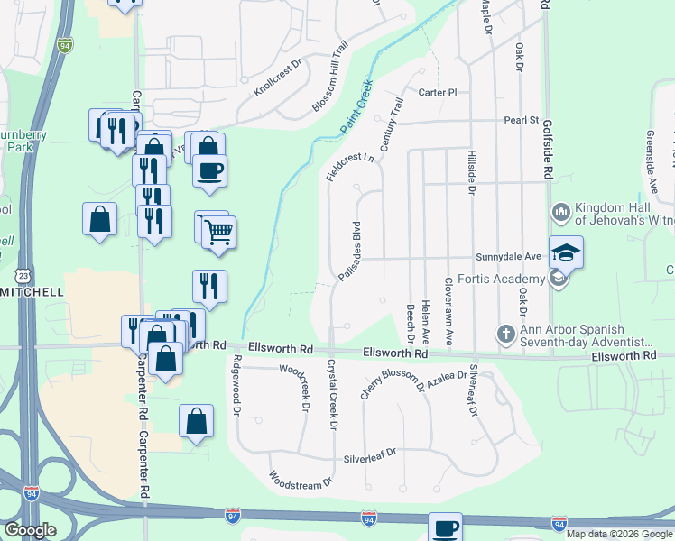map of restaurants, bars, coffee shops, grocery stores, and more near 3814 Fieldcrest Lane in Ypsilanti