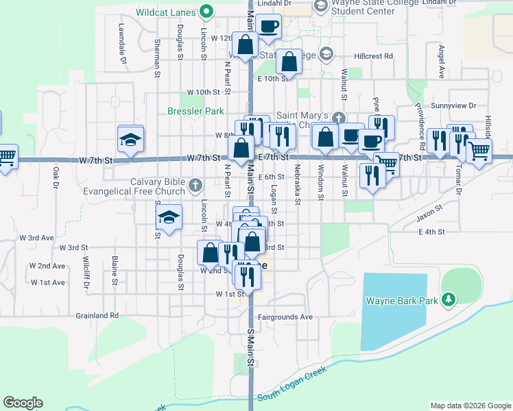 map of restaurants, bars, coffee shops, grocery stores, and more near 409 Main Street in Wayne