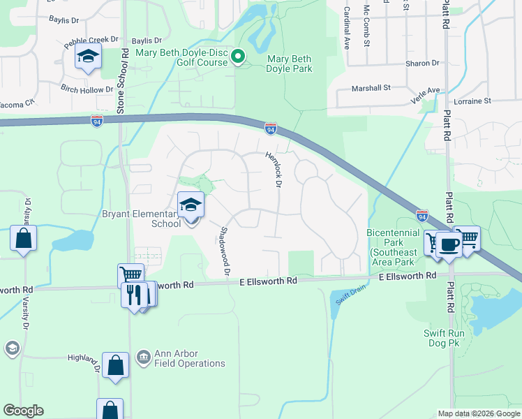 map of restaurants, bars, coffee shops, grocery stores, and more near 2499 Laurelwood Circle in Ann Arbor