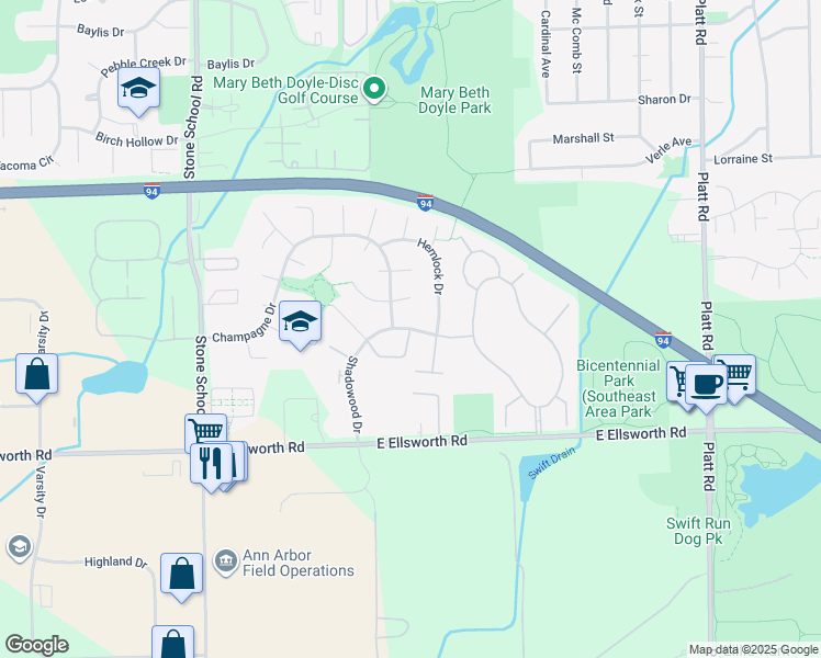 map of restaurants, bars, coffee shops, grocery stores, and more near 2499 Laurelwood Cir in Ann Arbor Charter Township