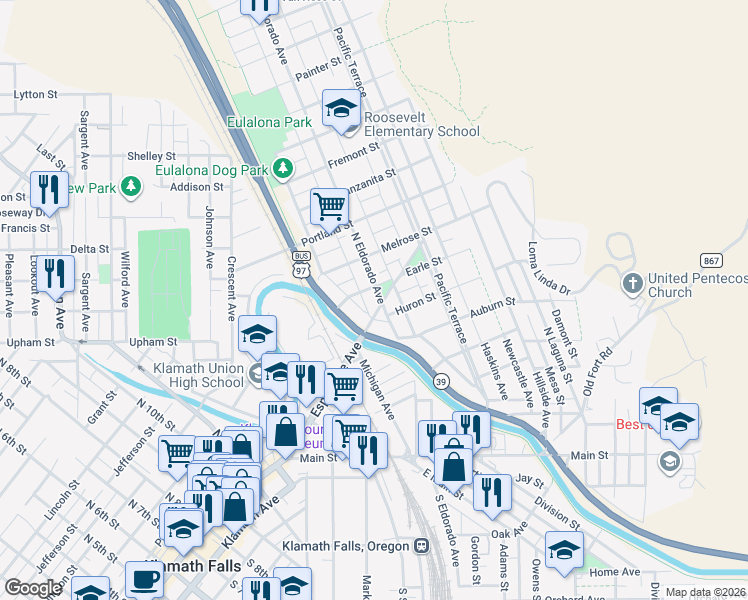 map of restaurants, bars, coffee shops, grocery stores, and more near 628 North Eldorado Avenue in Klamath Falls