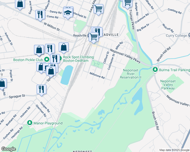 map of restaurants, bars, coffee shops, grocery stores, and more near 47 Millstone Road in Boston
