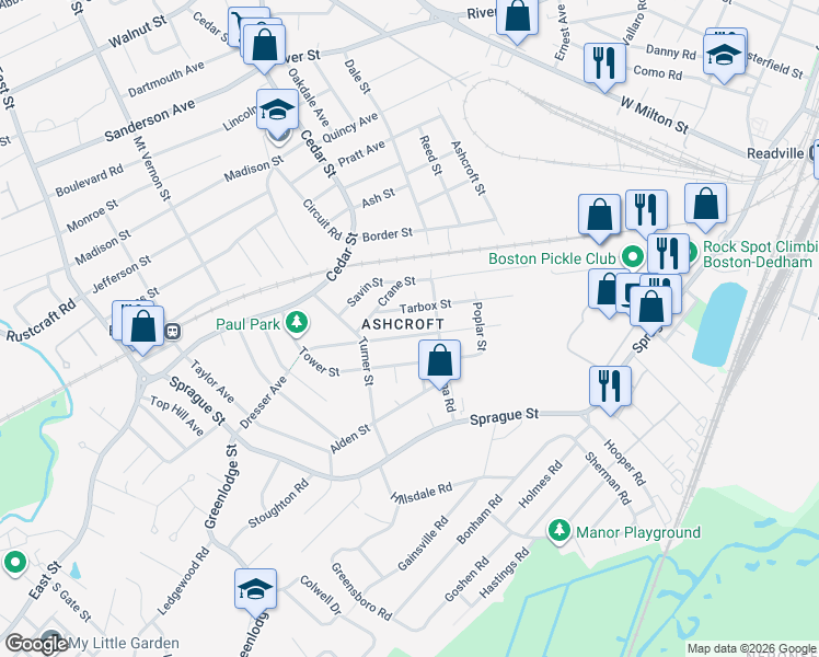 map of restaurants, bars, coffee shops, grocery stores, and more near in Dedham