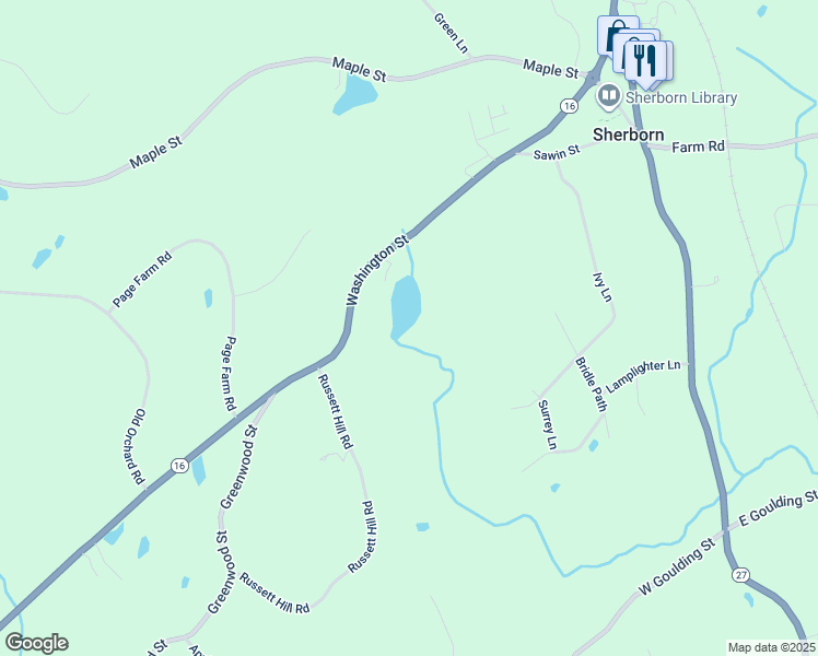 map of restaurants, bars, coffee shops, grocery stores, and more near 75 Washington Street in Sherborn