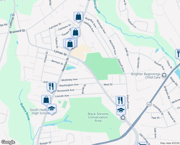 map of restaurants, bars, coffee shops, grocery stores, and more near 66 Lyman Street in South Hadley