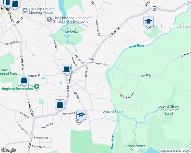 map of restaurants, bars, coffee shops, grocery stores, and more near 7 Village Lane in Hingham