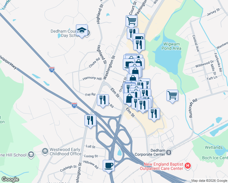 map of restaurants, bars, coffee shops, grocery stores, and more near 31 Elm Street in Dedham