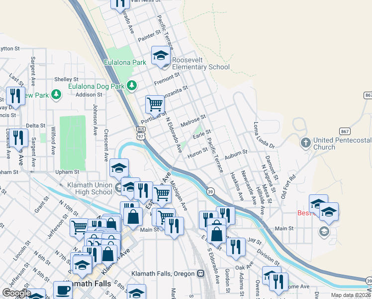 map of restaurants, bars, coffee shops, grocery stores, and more near 1934 Esplanade Avenue in Klamath Falls
