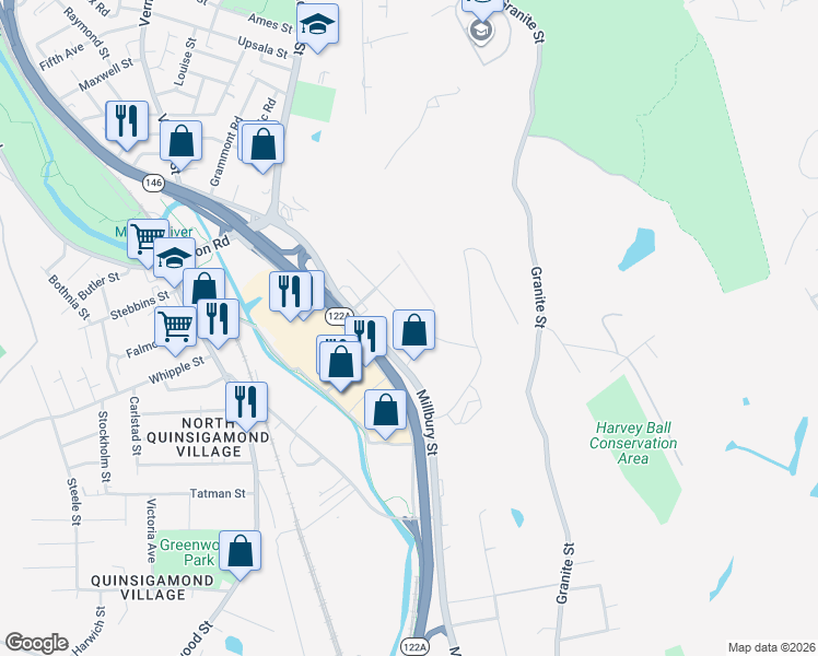map of restaurants, bars, coffee shops, grocery stores, and more near 48 Gibbs Street in Worcester