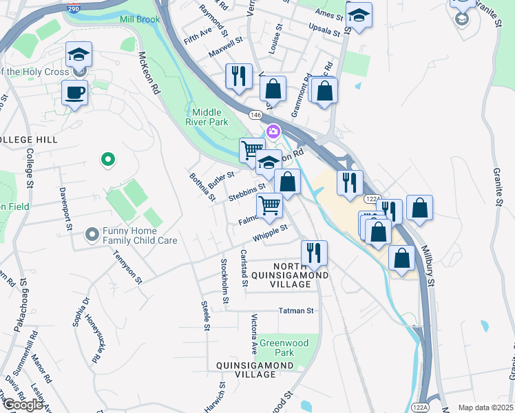 map of restaurants, bars, coffee shops, grocery stores, and more near 19 Stebbins Street in Worcester