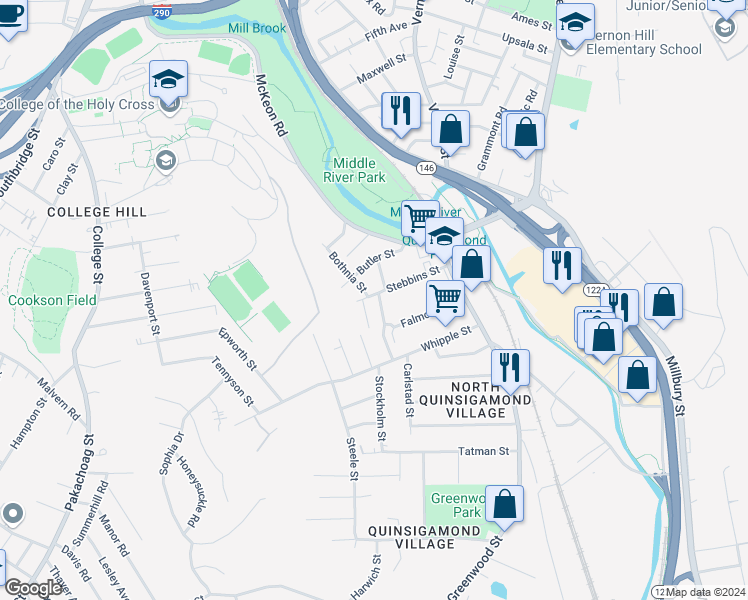 map of restaurants, bars, coffee shops, grocery stores, and more near 38 Stebbins Street in Worcester
