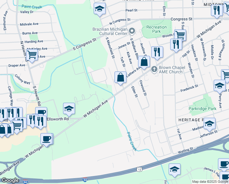 map of restaurants, bars, coffee shops, grocery stores, and more near 323 Wilson Avenue in Ypsilanti