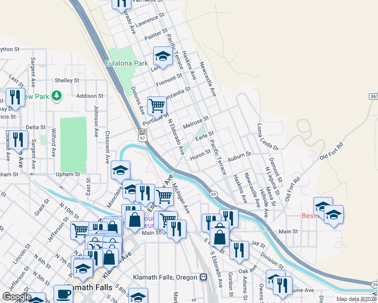 map of restaurants, bars, coffee shops, grocery stores, and more near 1928 Esplanade Avenue in Klamath Falls
