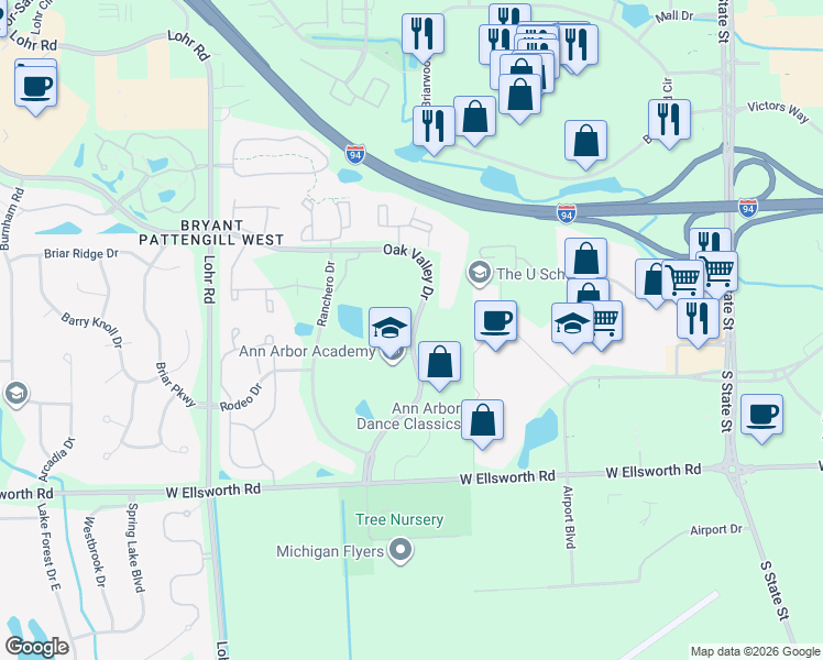 map of restaurants, bars, coffee shops, grocery stores, and more near 2809 Oak Valley Drive in Ann Arbor