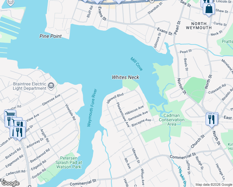 map of restaurants, bars, coffee shops, grocery stores, and more near 130 Idlewell Boulevard in Weymouth