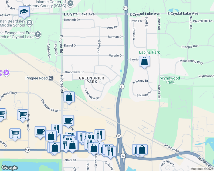 map of restaurants, bars, coffee shops, grocery stores, and more near 348 Greenview Drive in Crystal Lake