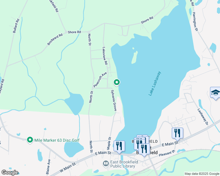 map of restaurants, bars, coffee shops, grocery stores, and more near 10 Sylvania Grove in North Brookfield