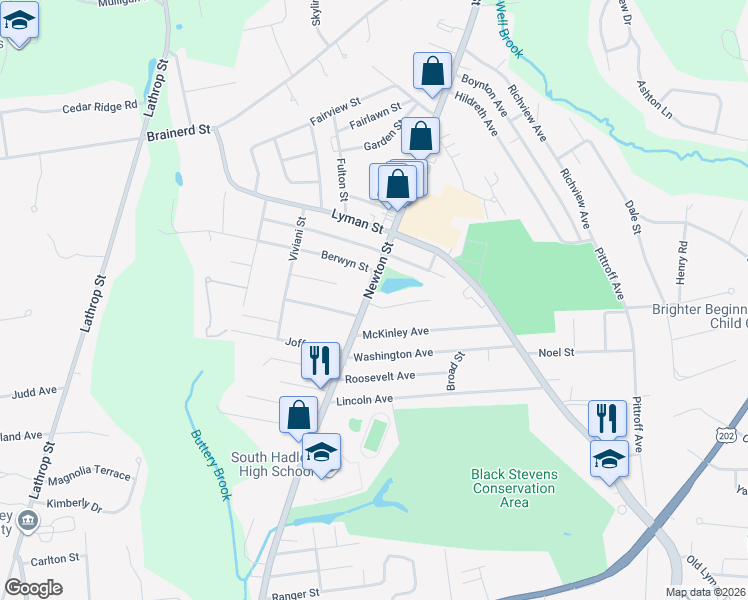 map of restaurants, bars, coffee shops, grocery stores, and more near 415 Newton Street in South Hadley