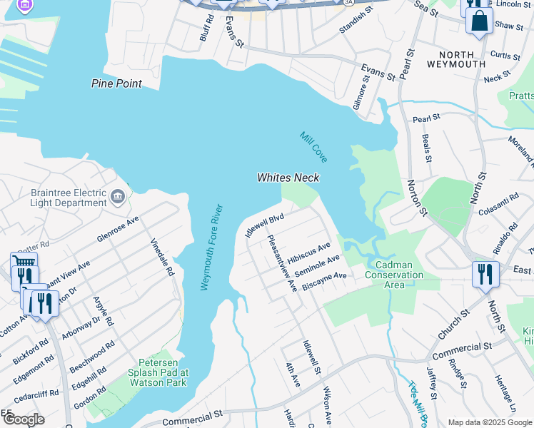 map of restaurants, bars, coffee shops, grocery stores, and more near 130 Idlewell Boulevard in Weymouth