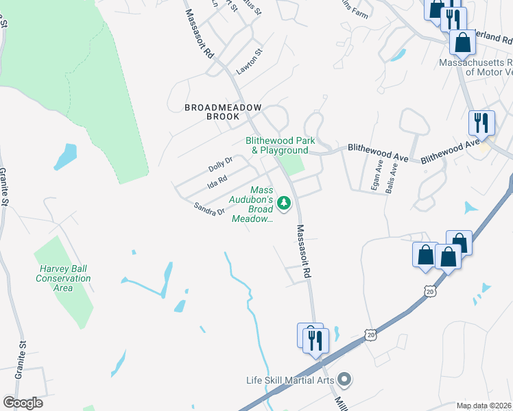 map of restaurants, bars, coffee shops, grocery stores, and more near 9 Sandra Drive in Worcester
