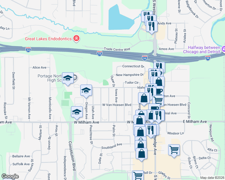 map of restaurants, bars, coffee shops, grocery stores, and more near 700 Idaho Avenue in Portage